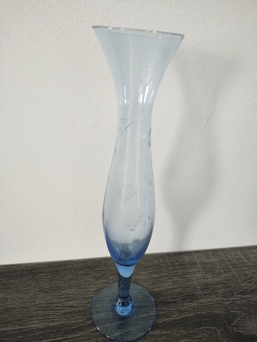 Vintage Tall Delicate Blue Etched Glass Vase